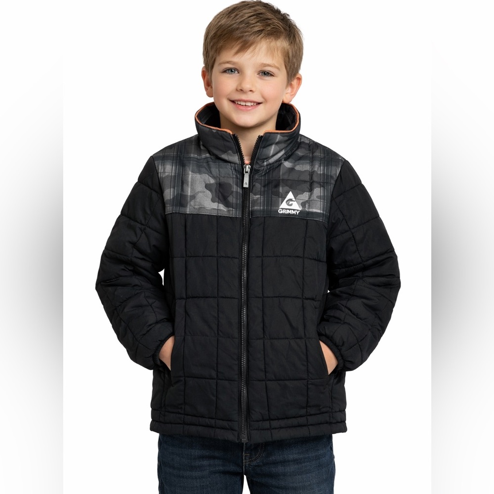 Gerry Boys Lightweight Puffer Jacket Size Small 7-8 Black Gray Camo Pockets